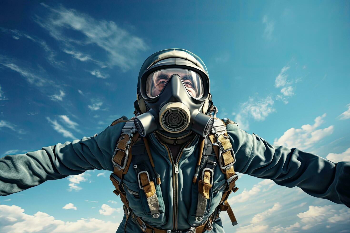 retrato do uma piloto dentro uma gás mascarar contra a azul céu, uma bravo paraquedista dentro a aberto ar cheio face coberto com uma mascarar, ai gerado foto