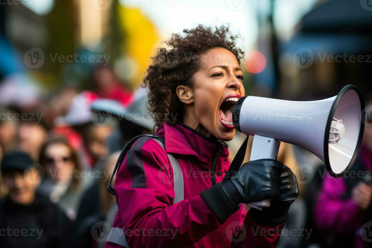 uma pessoa vestindo uma greve crachá fala apaixonadamente para dentro uma megafone reunindo uma multidão atrás eles foto