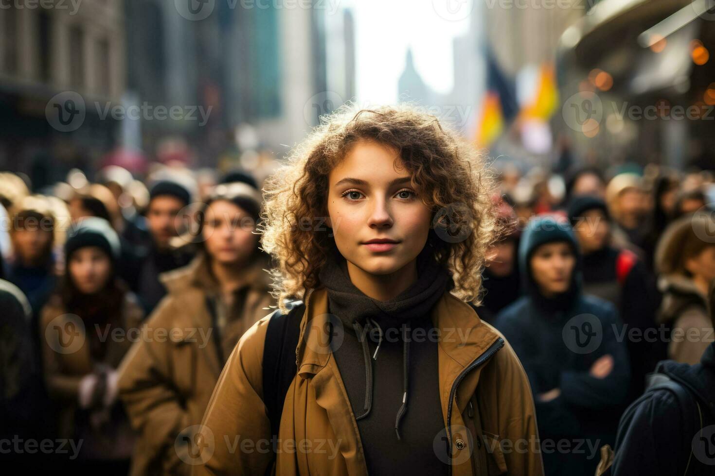 uma manifestante às uma clima greve seus determinado expressão espelhamento a urgência do a causa cercado de uma diverso e Unidos multidão foto