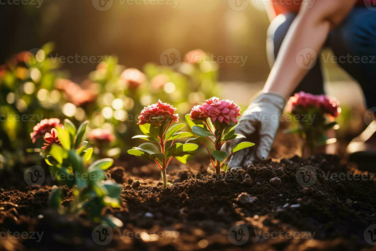 uma mulher plantio flores dentro uma jardim simbolizando crescimento e renovação depois de dela seio Câncer tratamento esvaziar espaço para texto foto