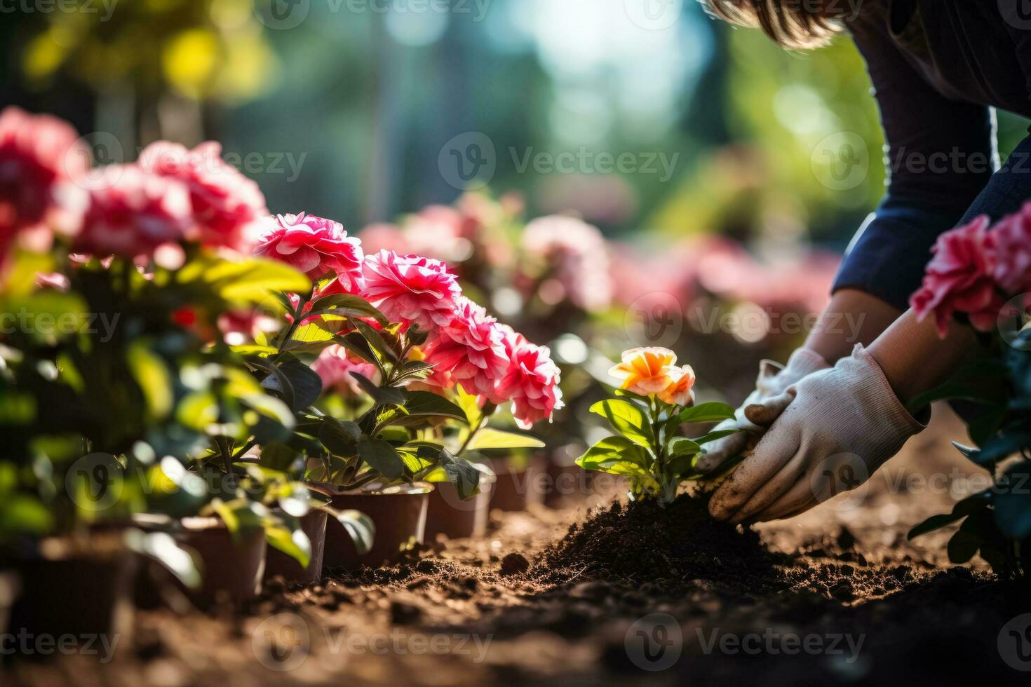 uma mulher plantio flores dentro uma jardim simbolizando crescimento e renovação depois de dela seio Câncer tratamento foto