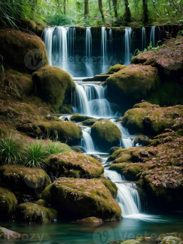 lindo natureza panorama Visão do Riacho cascata dentro a floresta, ai generativo foto