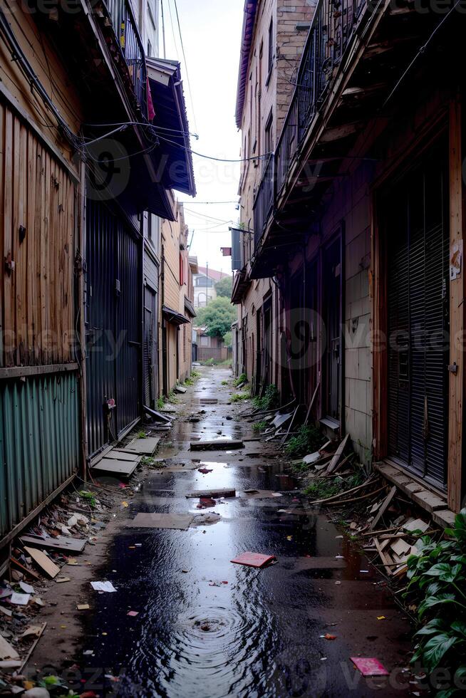 realista foto do abandonado beco com detritos lixo em a rua, ai generativo