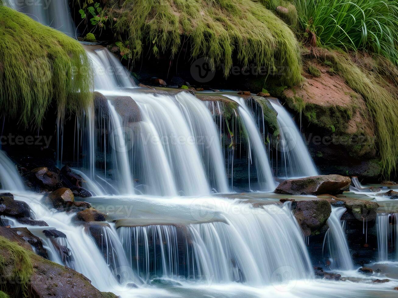 lindo natureza panorama Visão do Riacho cascata dentro a floresta, ai generativo foto