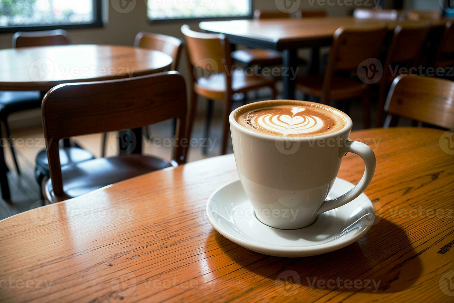 realista foto do uma café copo em madeira mesa dentro uma café fazer compras com acolhedor atmosfera