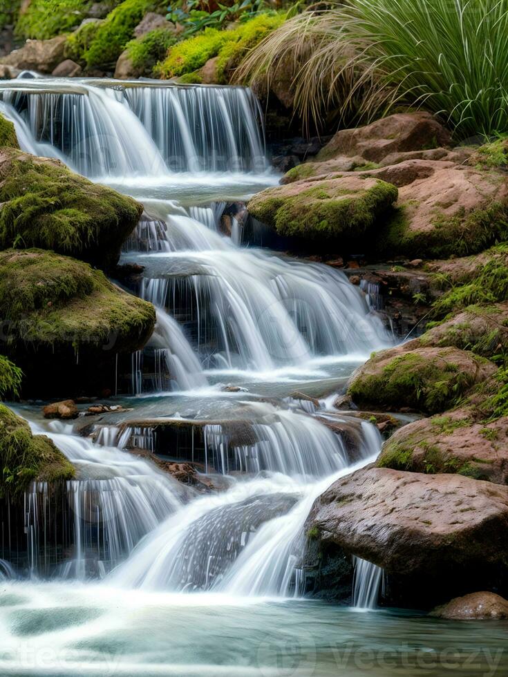 lindo natureza panorama Visão do Riacho cascata dentro a floresta, ai generativo foto