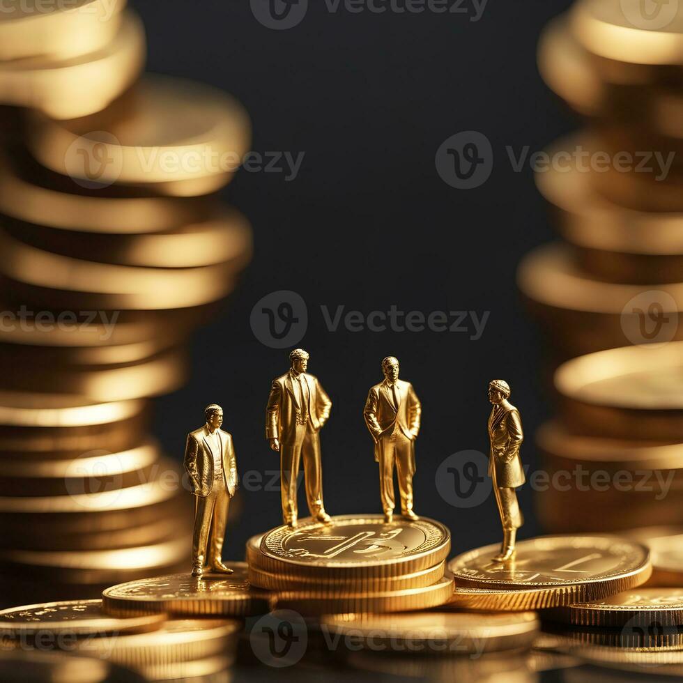 miniatura o negócio homem estátua em pé em pilhas do dourado moeda, ai generativo foto