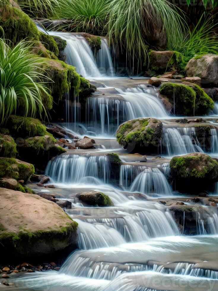 lindo natureza panorama Visão do Riacho cascata dentro a floresta, ai generativo foto