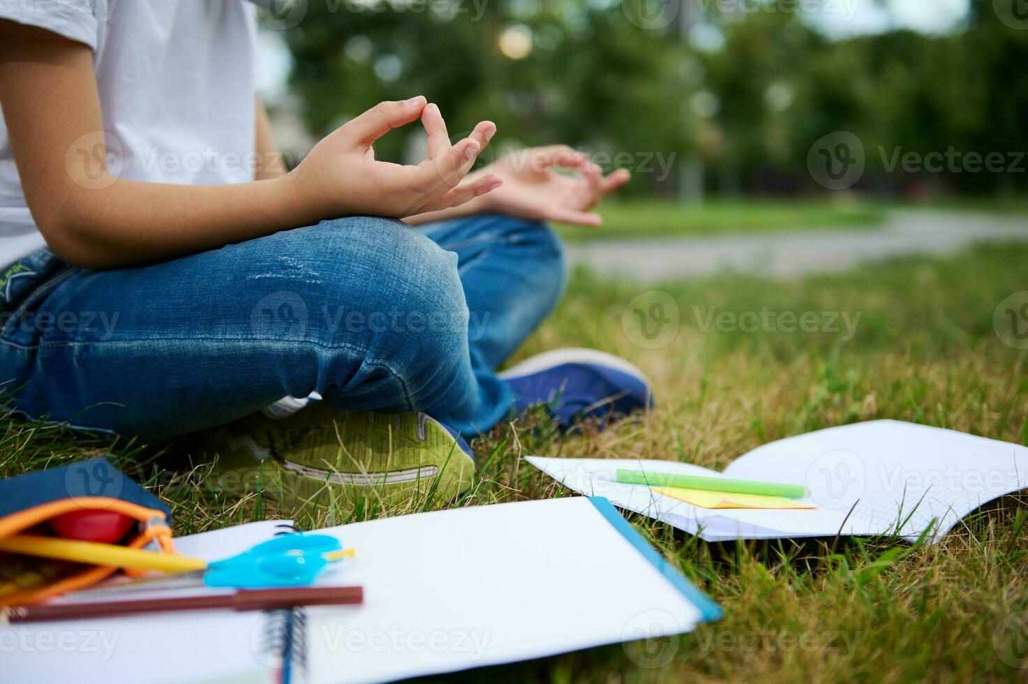 cortada Visão do escola criança Garoto sentado dentro lótus posição em verde Relva do cidade parque e meditando . livros de exercícios escola suprimentos deitado em a grama. concentração, lazer, atenção conceitos foto