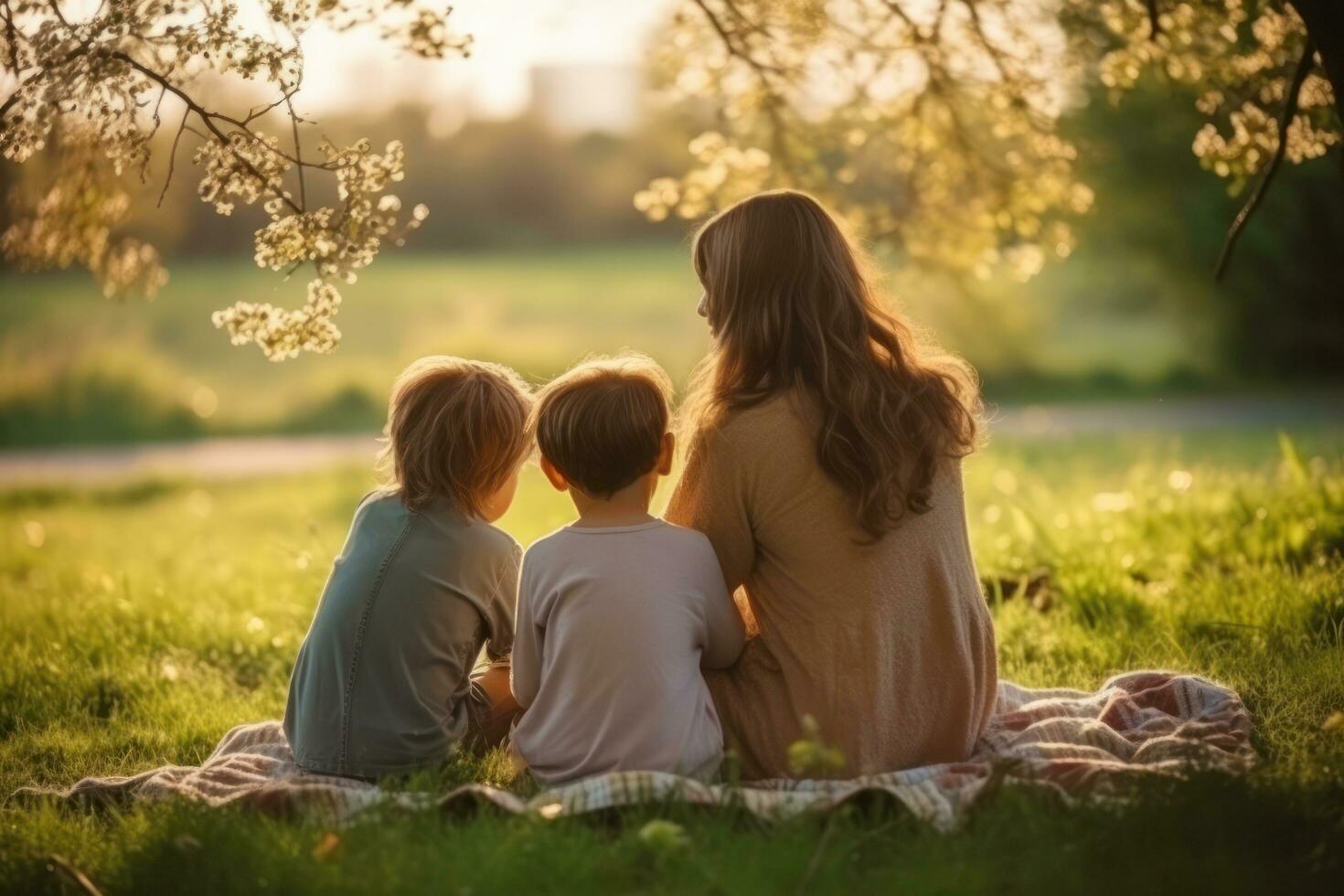 mãe com crianças em a campo foto