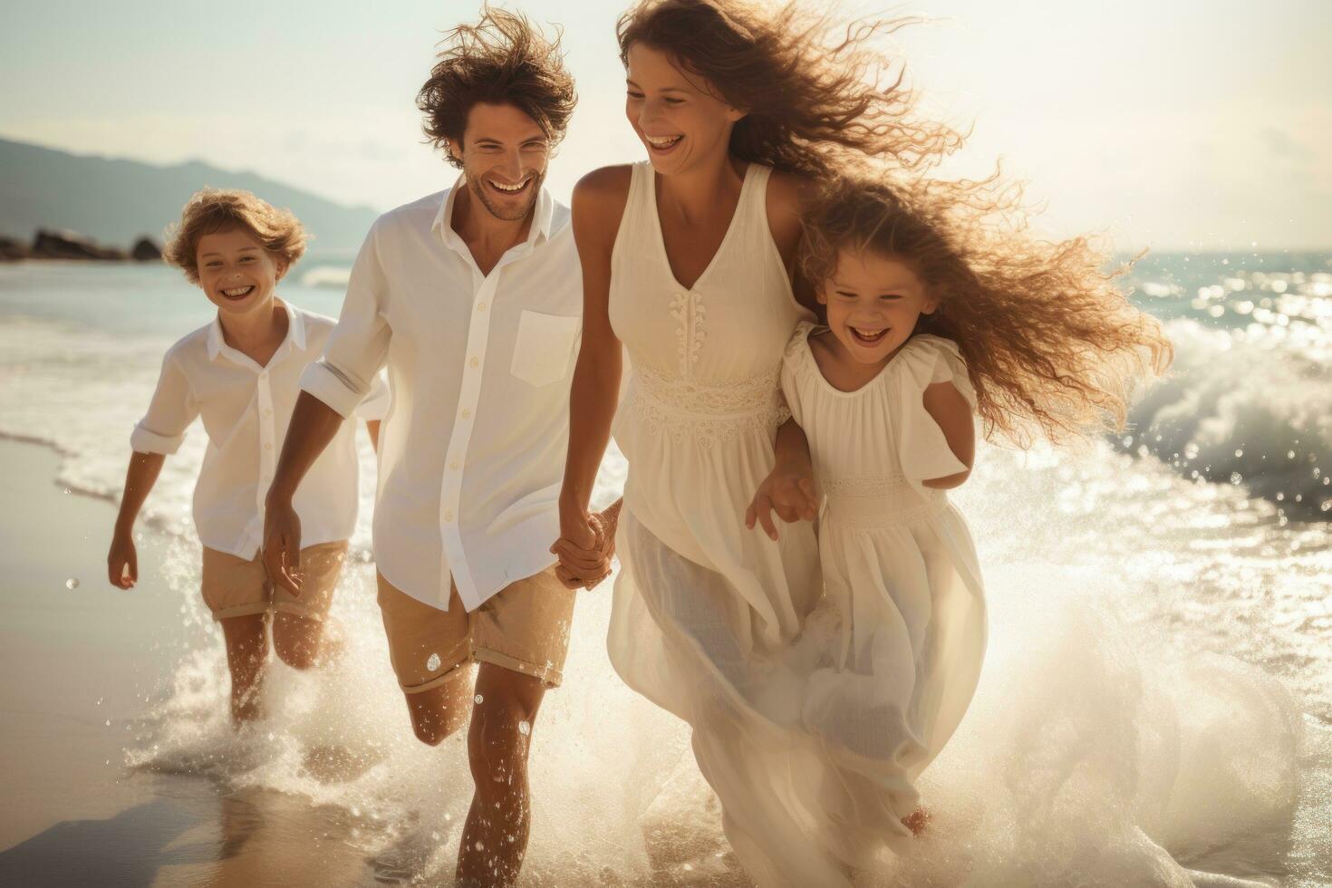 família feliz na praia foto