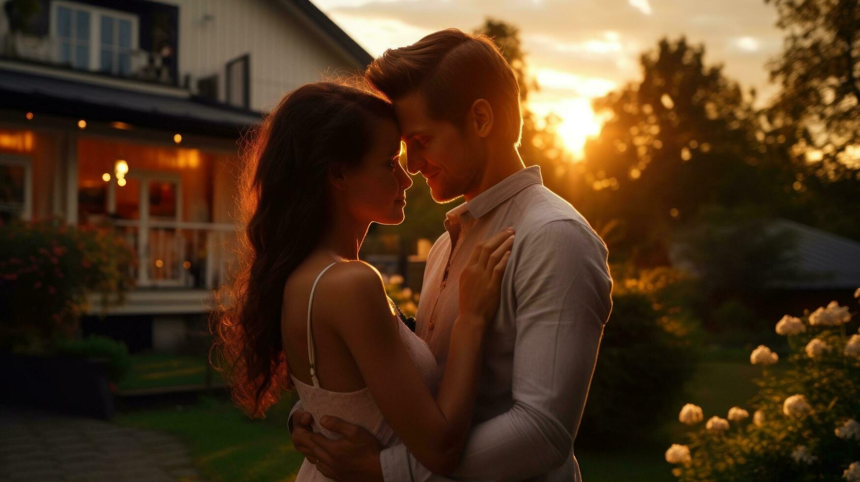 jovem casado casal abraços dentro frente do a casa dentro verão pôr do sol foto