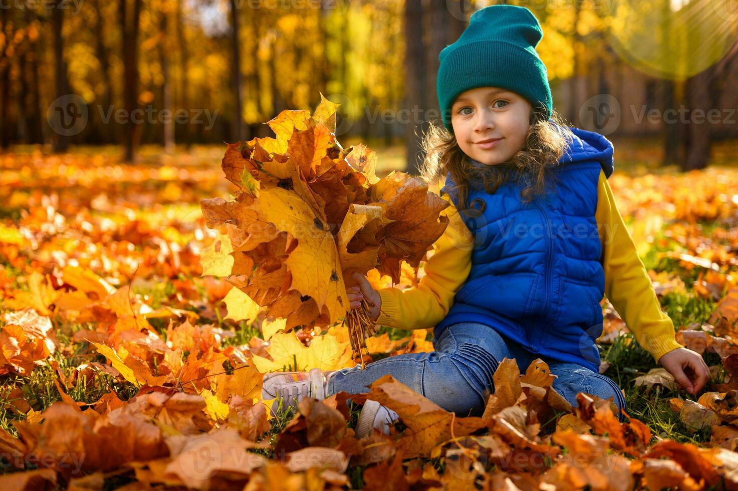 bonita pequeno menina com coletado outonal bordo folhas ramalhete fofinho sorrisos olhando às Câmera sentado entre dourado caído folhas em a outono natureza fundo com Sol raios queda em floresta parque foto