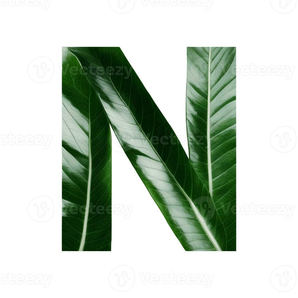 verde folha tipografia texto Projeto maiúscula alfabeto n, ai generativo foto