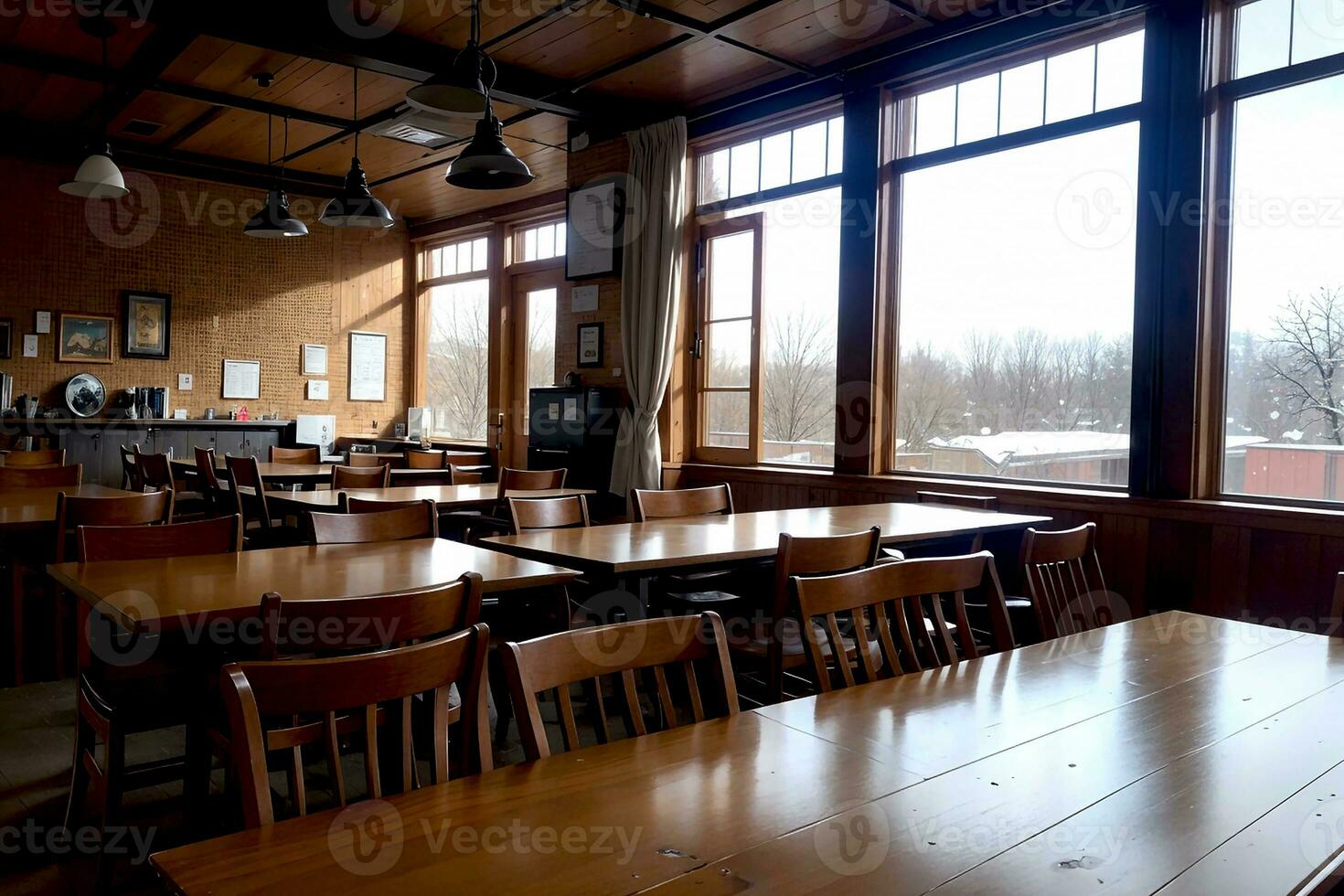 realista foto interior do madeira mesa cadeiras com brilhante janela luminoso biblioteca estude sala, ai generativo