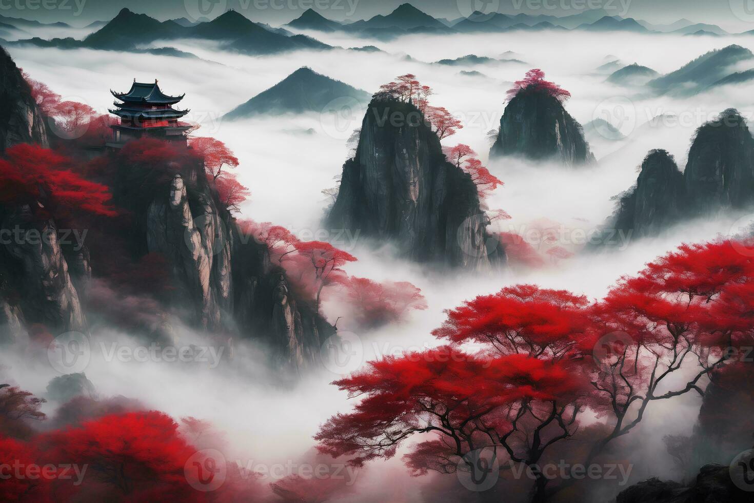 panorama ilustração do enevoado montanha tradicional construção dentro China, ai generativo foto