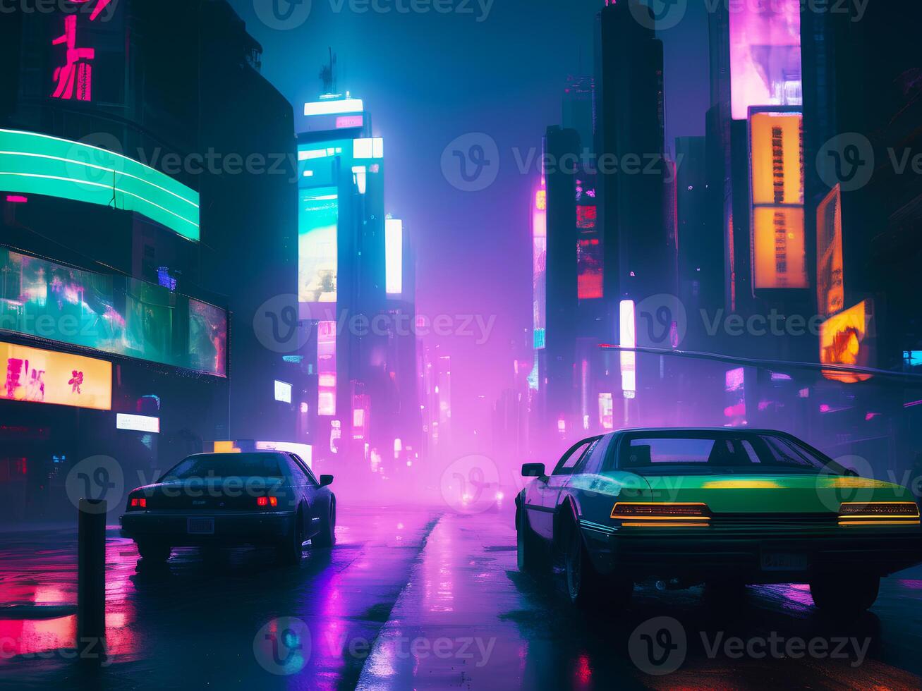 panorama ilustração do néon onda de vapor cyberpunk cidade rua e carro foto