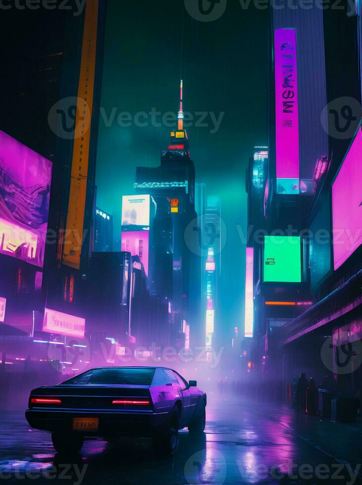 panorama ilustração do néon onda de vapor cyberpunk cidade rua e carro, ai generativo foto