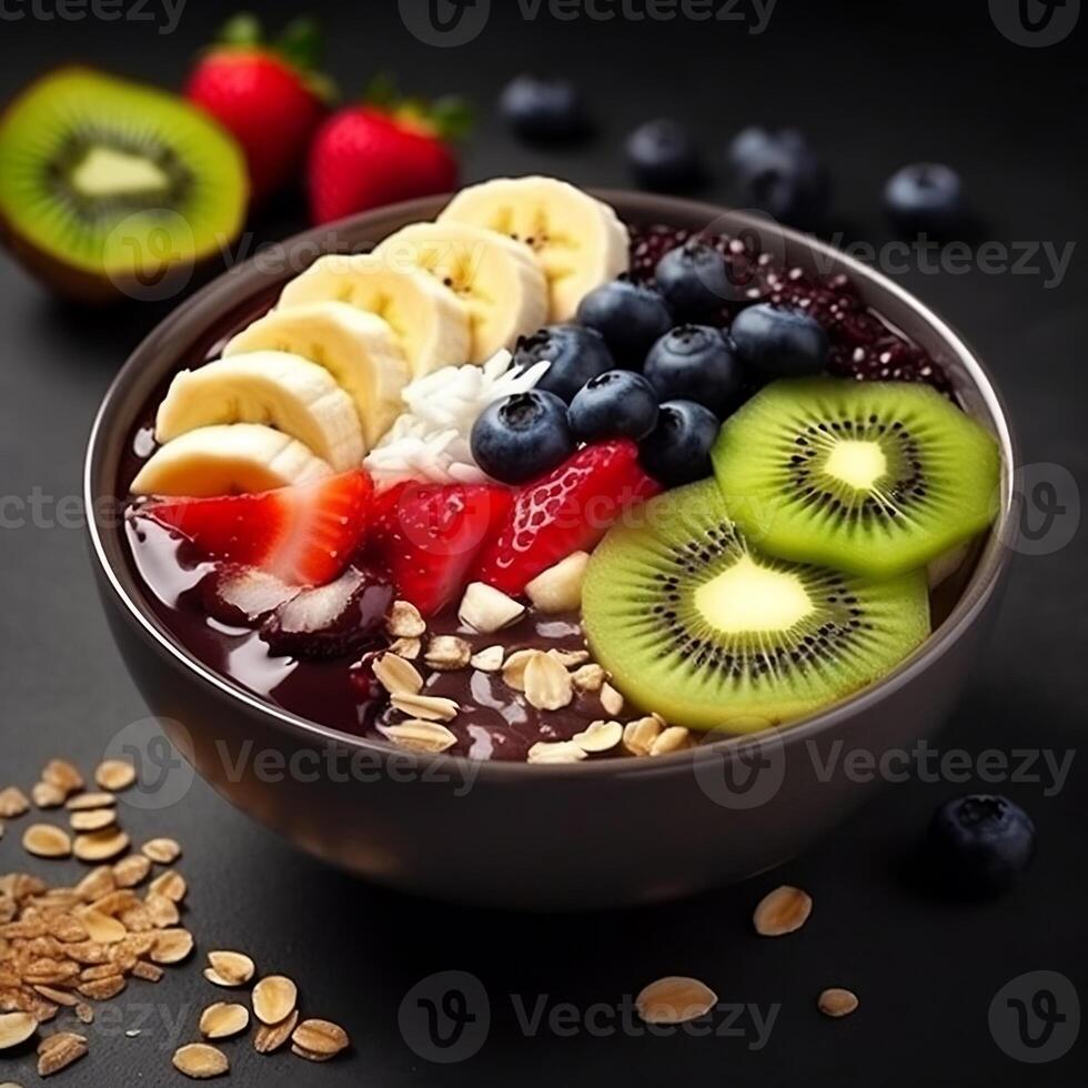 Açaí tigela com frutas kiwi maçã banana e cereal generativo ai foto