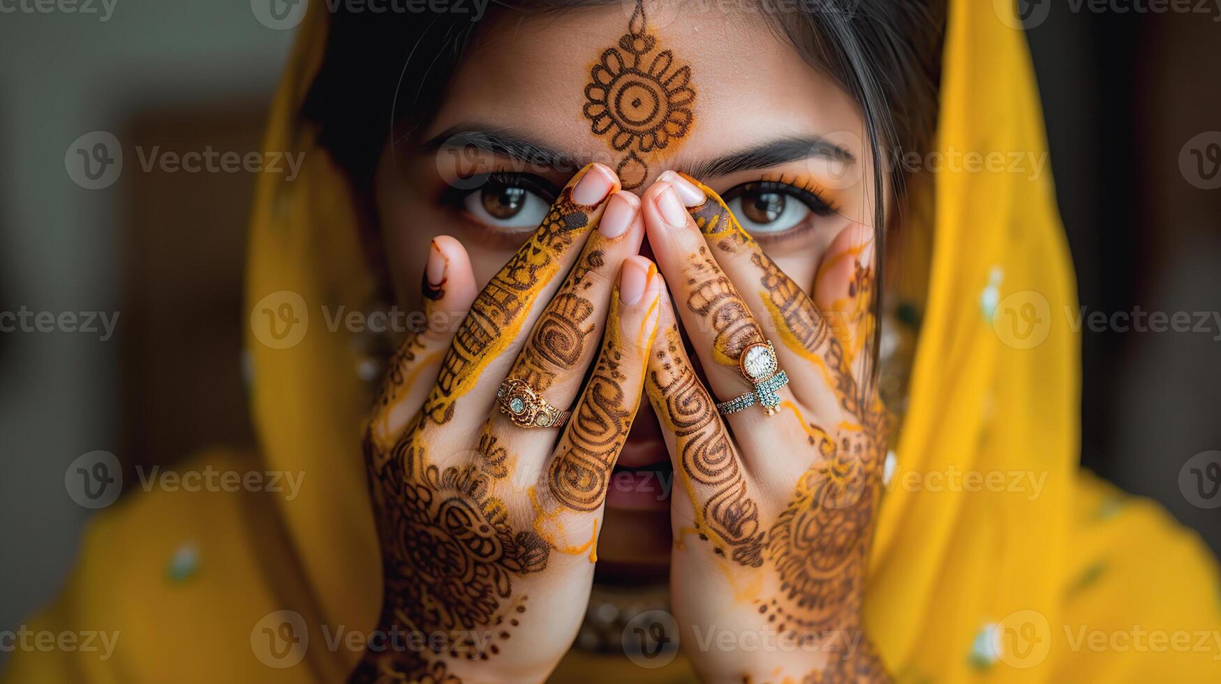 lindo indiano garota. jovem hindu mulher modelo com tatuagem mehndi e Kundan joia. tradicional indiano traje amarelo saree . indiano ou muçulmano mulher cobre dela face, , generativo ai foto