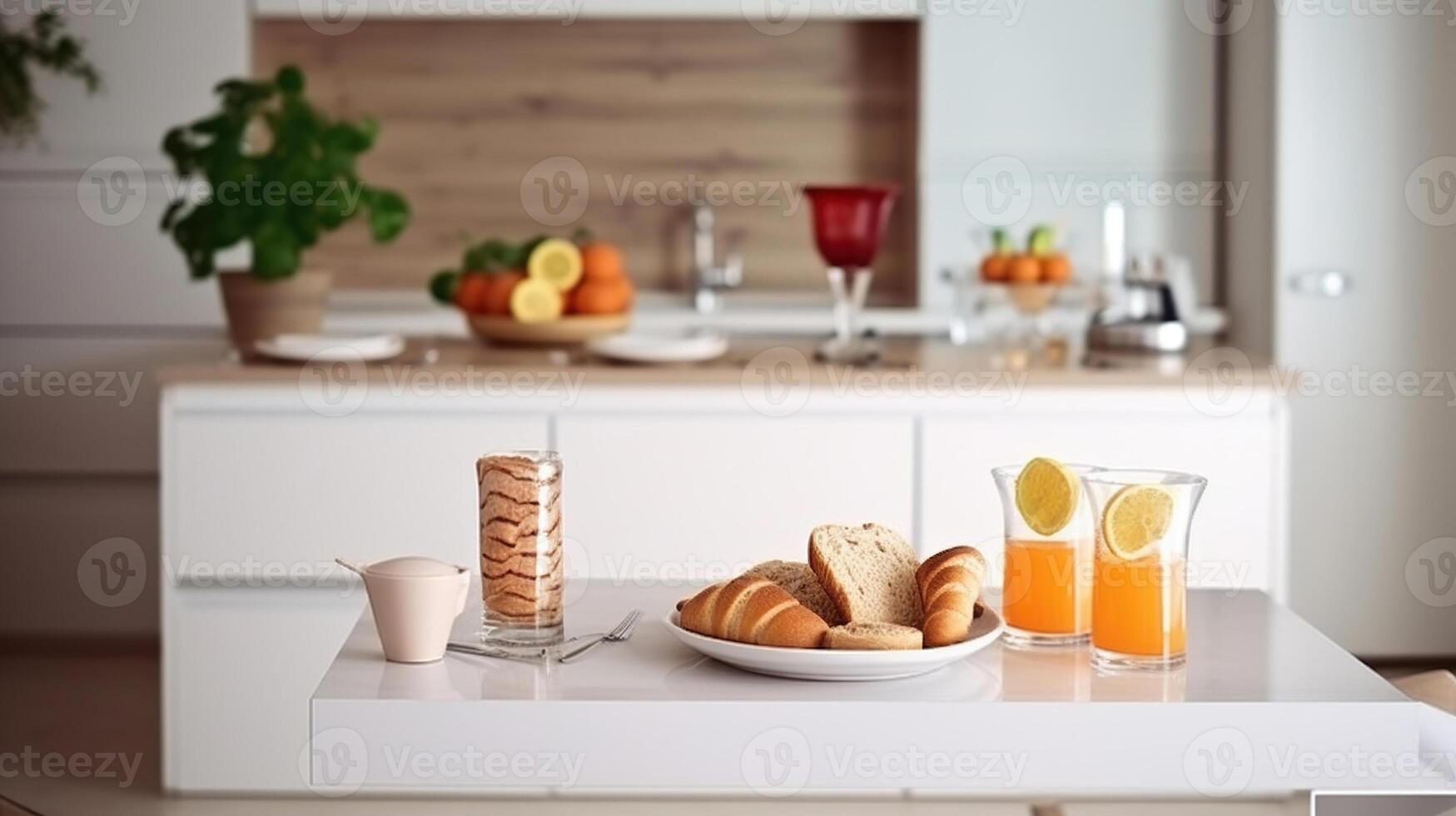 uma generoso espalhar do laranja suco, vermelho caviar, croissant, e chocolate lasca biscoitos dentro uma encantador branco cozinha. generativo ai foto