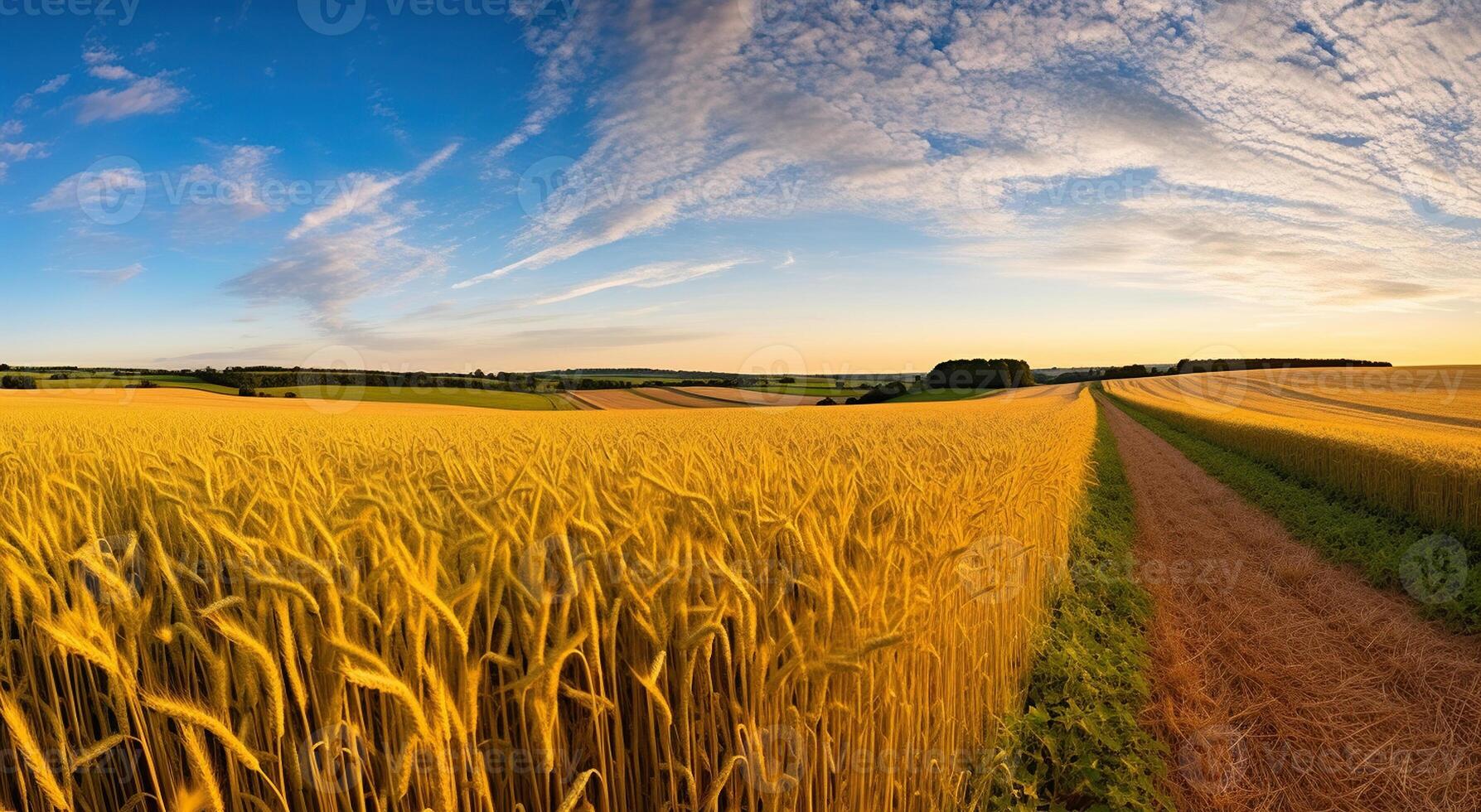 tirar o fôlego panorama do uma trigo campo dentro a manhã claro. generativo ai foto