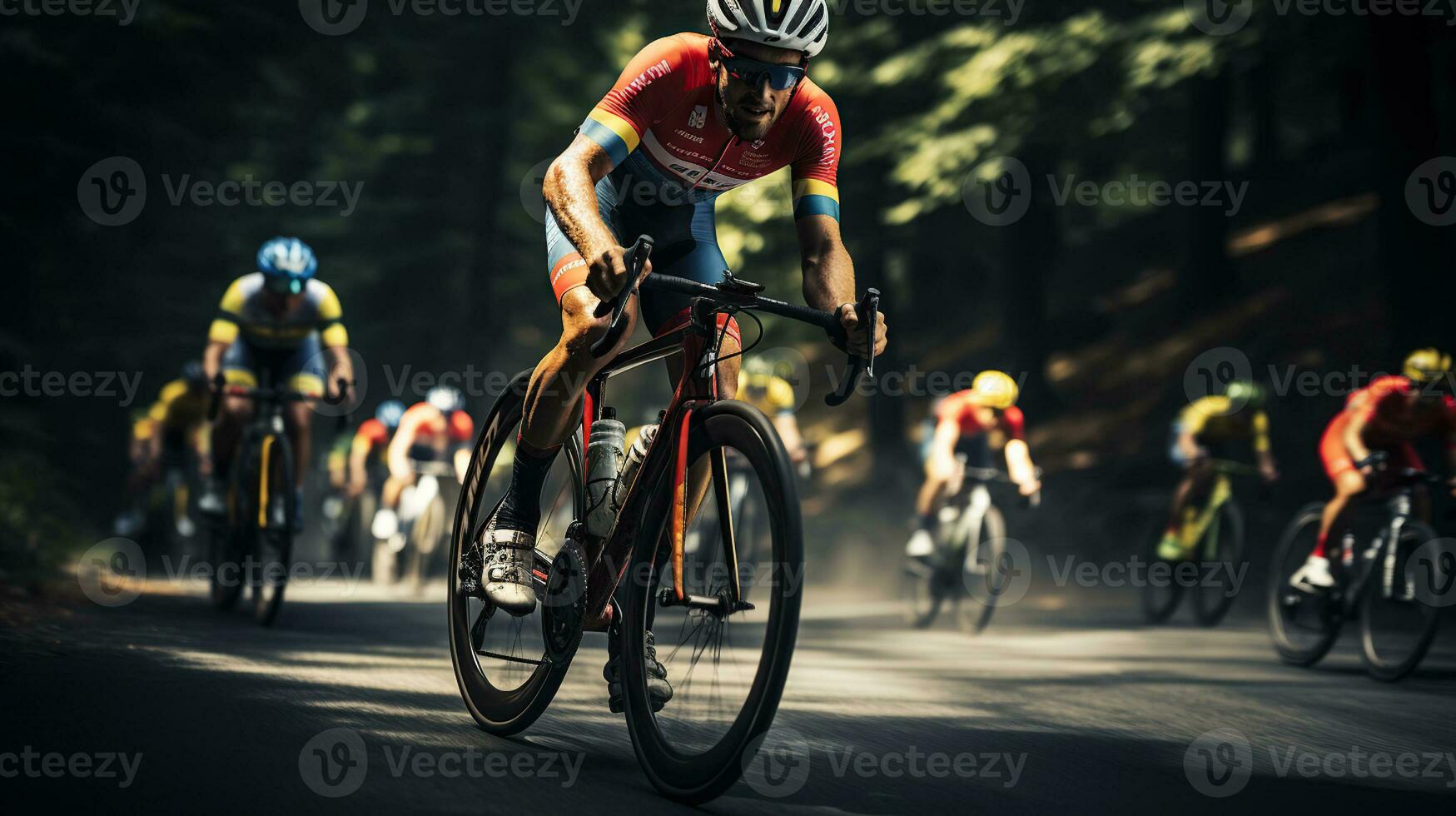 uma ciclista competindo dentro uma profissional corrida. generativo ai foto