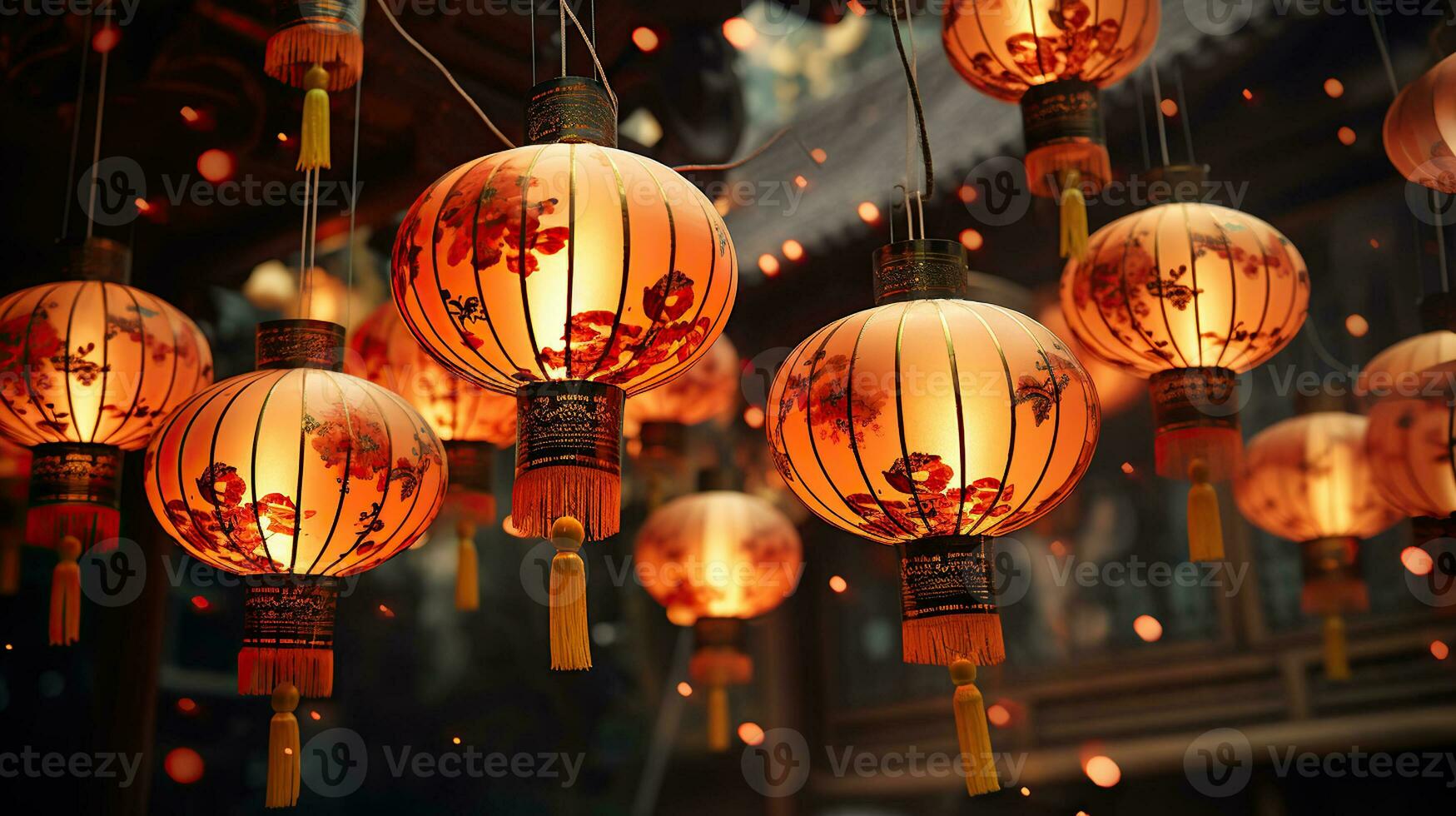 vibrante chinês Novo ano lanternas e enfeites. generativo ai foto