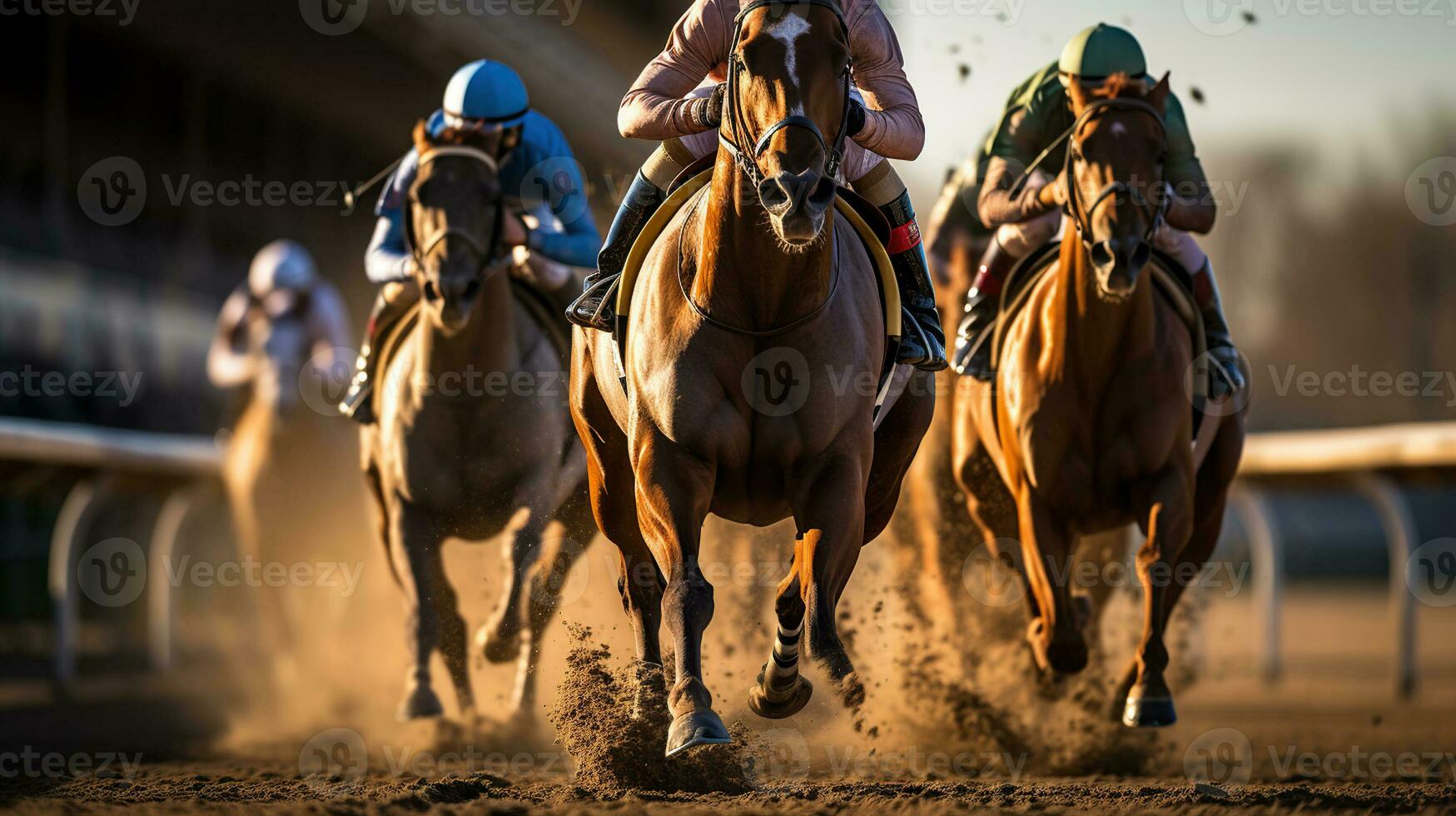 uma emocionante cavalo raça às a hipódromo. generativo ai foto