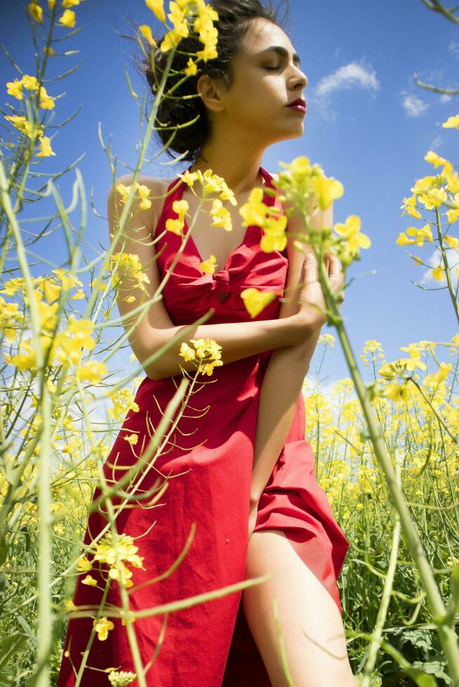 jovem menina vestido dentro vermelho dentro uma campo do amarelo flores foto