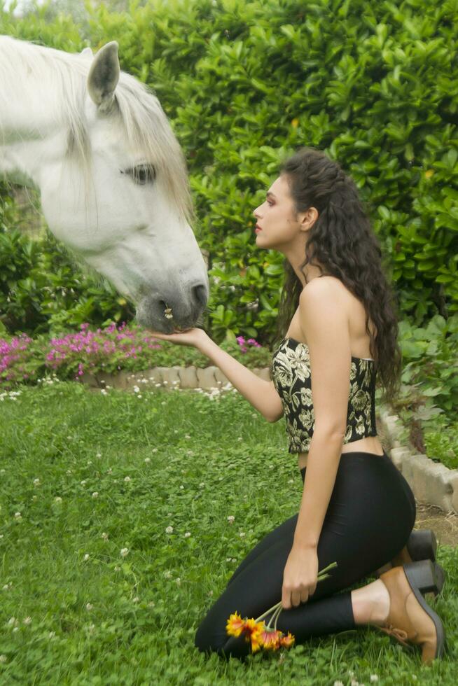 lindo menina carinhosamente acariciando uma branco cavalo foto