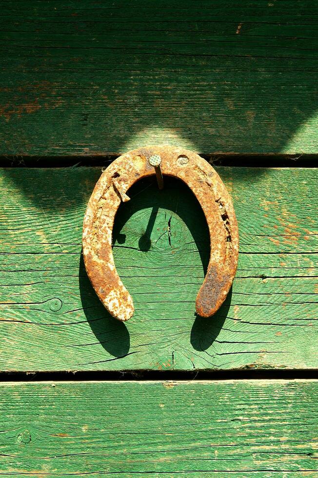 uma cavalo sapato em uma de madeira parede foto