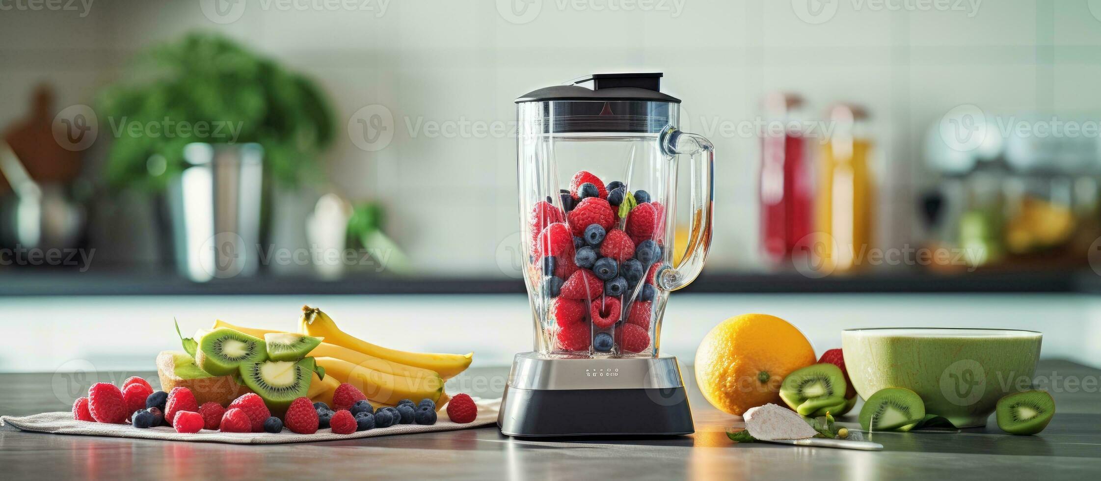uma maior ângulo Visão do uma batido dentro uma bebendo vidro e liquidificador, com frutas em a cozinha contador. foto