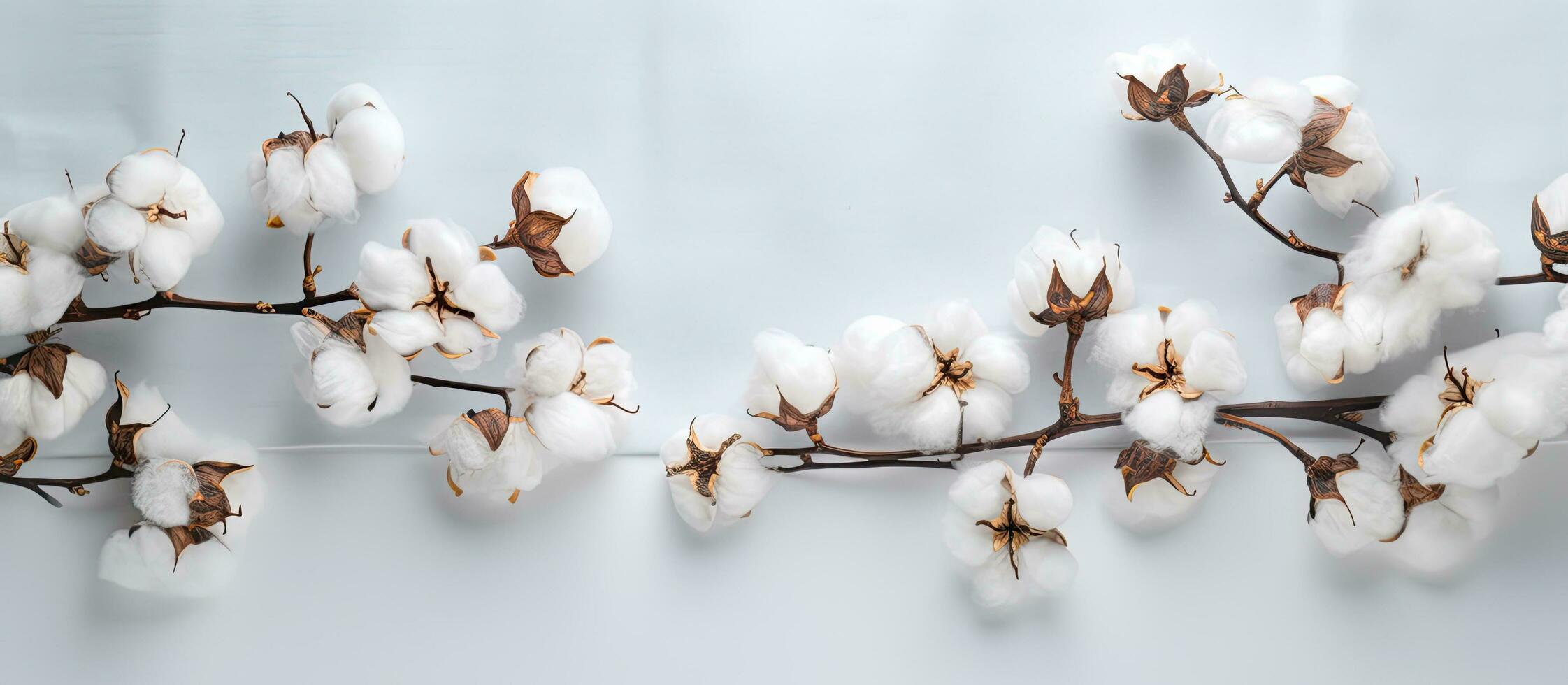 algodão ramo em branco fundo. delicado branco algodão flores luz algodão fundo, plano foto