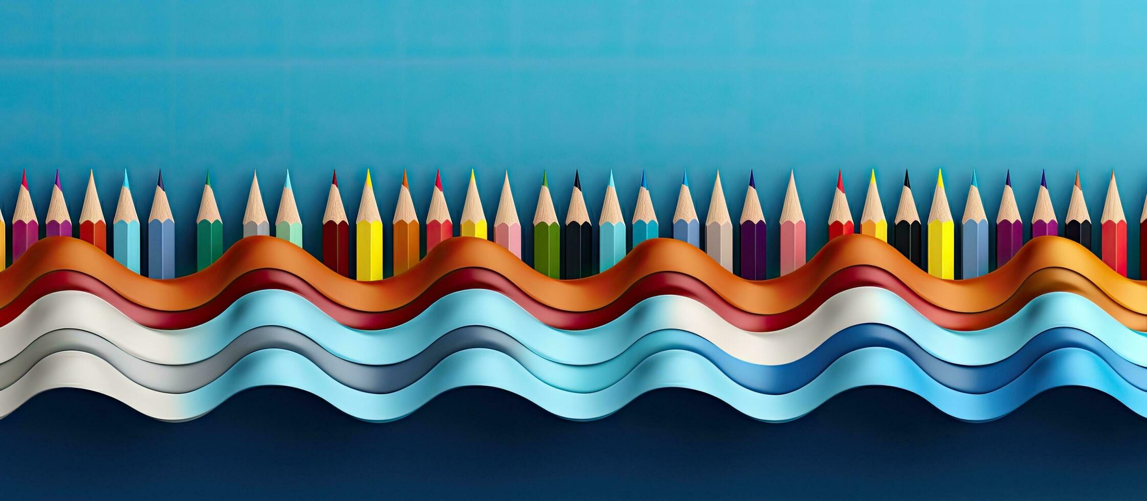 desatado horizontal padronizar do colori lápis arranjado dentro uma onda forma em uma azul fundo, fornecendo foto