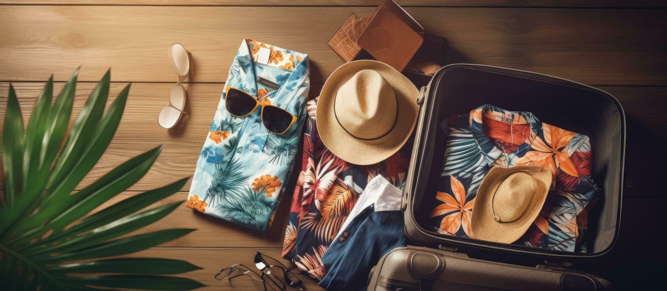 uma viagem e período de férias conceito retratado de uma topo Visão do bagagem com viagem Essenciais e roupas foto