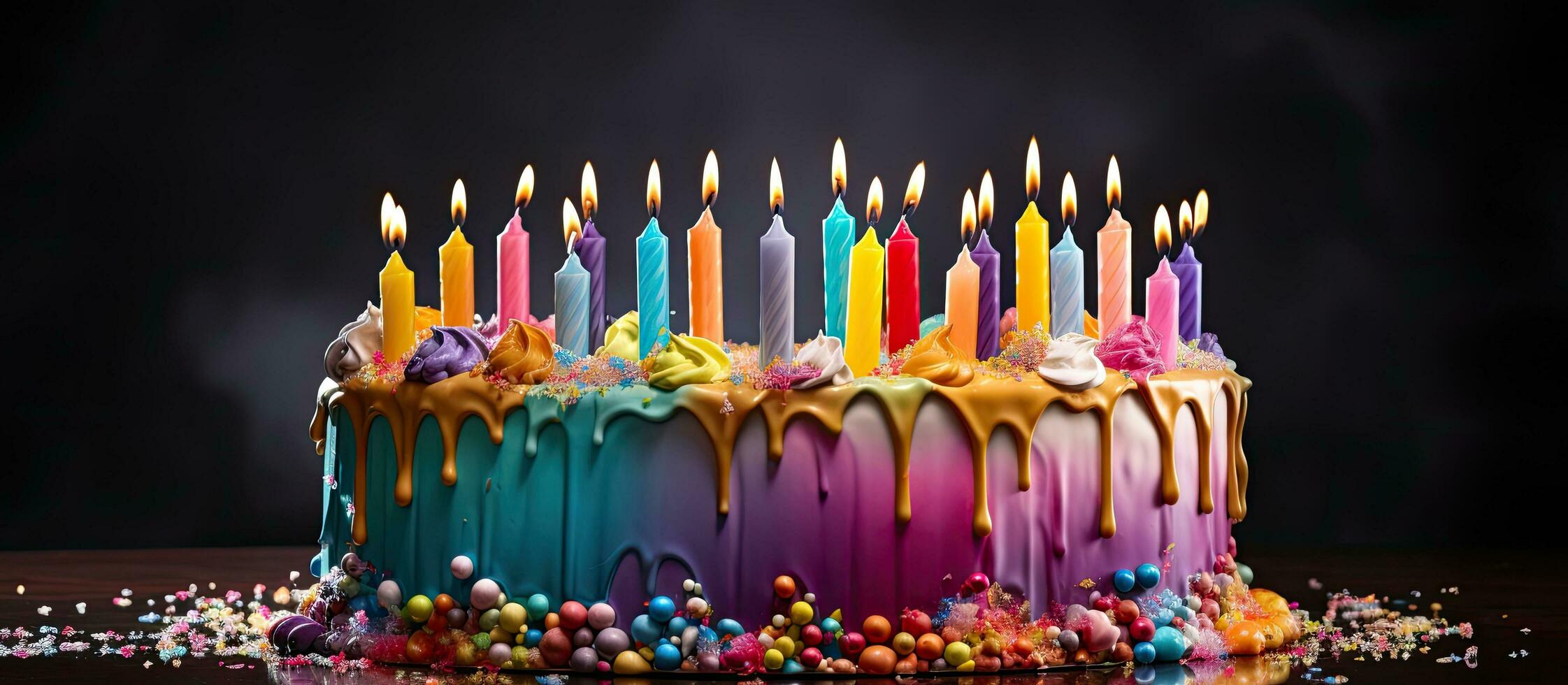 arco Iris aniversário bolo adornado com velas dentro vários cores e decorativo gelo gotejamento baixa foto
