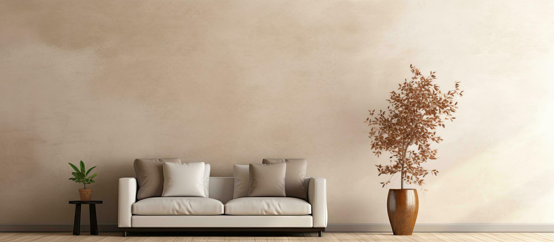 modelo para uma minimalista casa decoração com uma bege sofá, lado mesa, folha dentro uma vaso, pufe, elegante foto