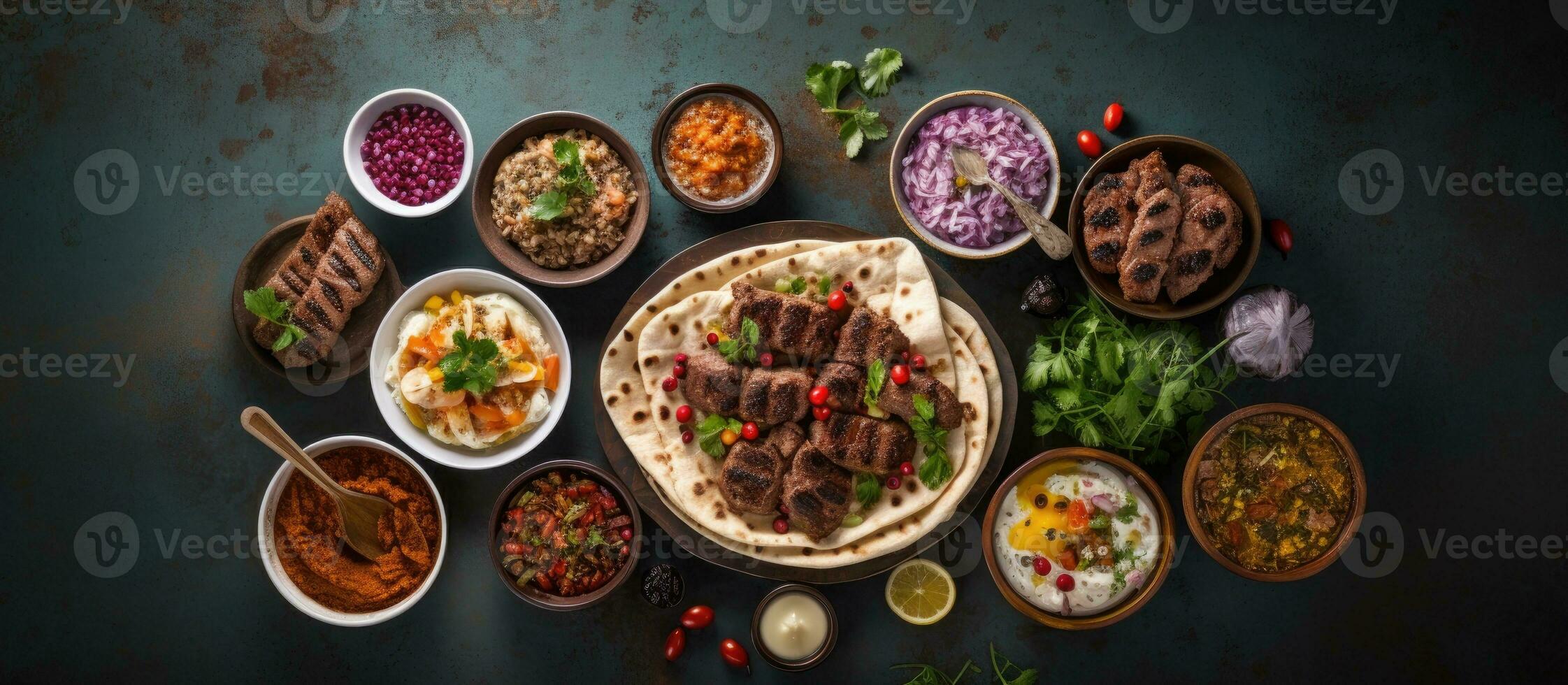 árabe e meio Oriental Comida exibido em uma jantar mesa. a refeição inclui carne Churrasquinho, Húmus, foto