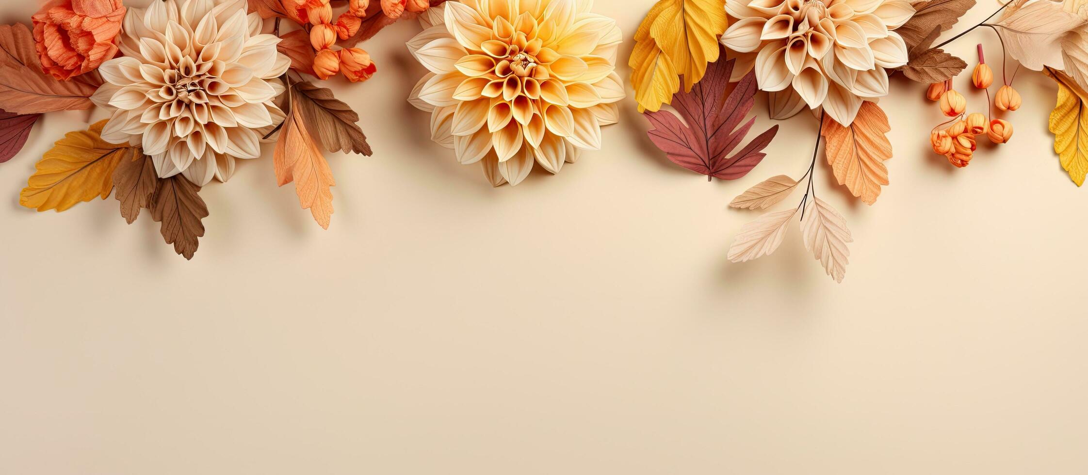 outono floral composição com uma fronteira criada usando fresco flores em uma pastel bege fundo. foto