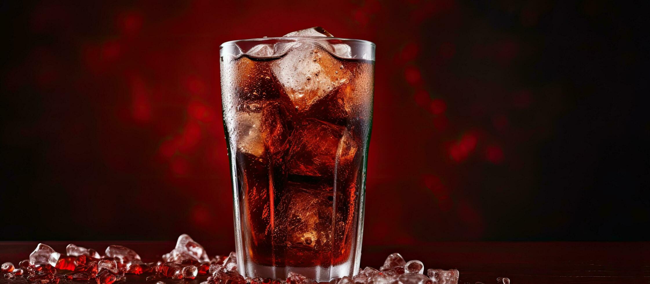 uma vidro do Cola com gelo, contra uma vermelho fundo, fornece uma refrescante bebida opção. com foto