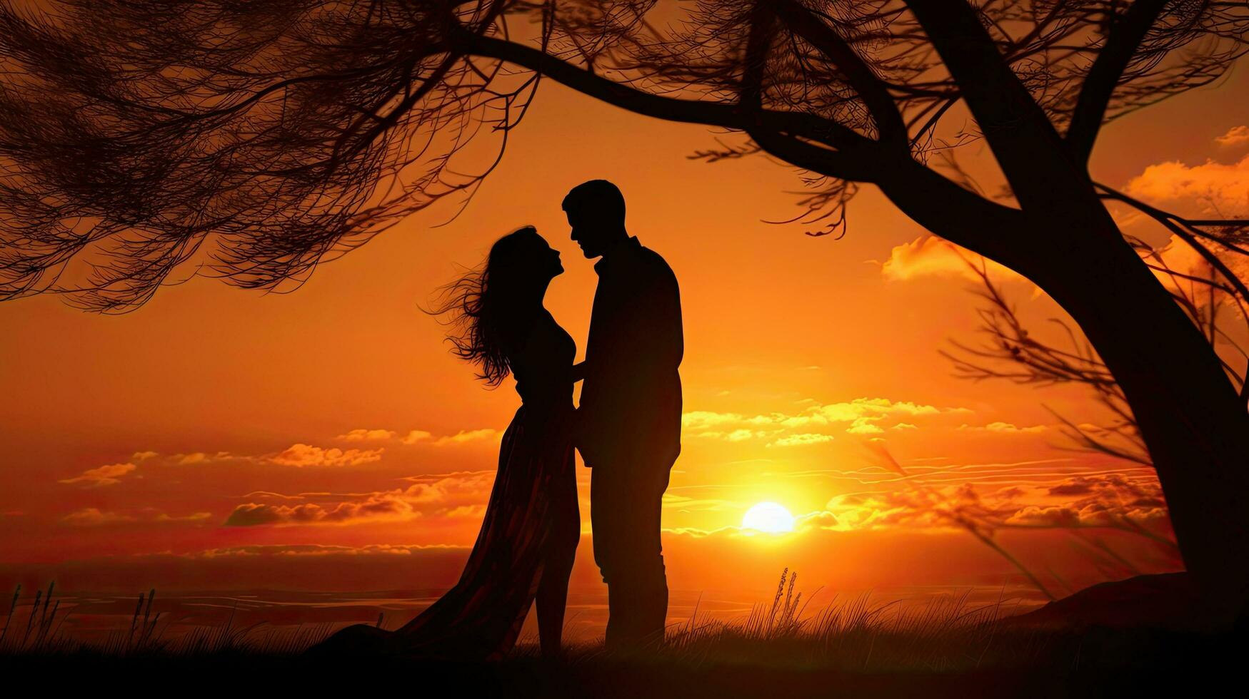 silhuetas do uma homem e mulher dentro uma natureza pôr do sol representando amor foto