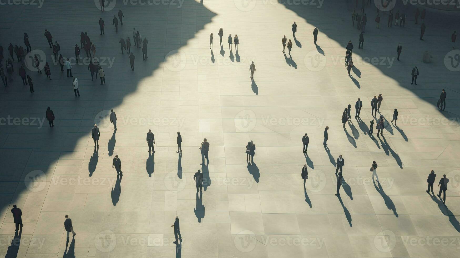 aéreo Visão do indivíduos marcha dentro uma espaçoso quadrado fez do concreto foto