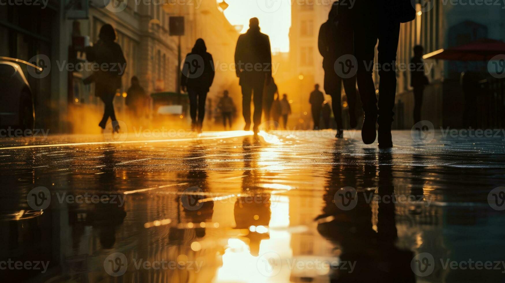 indistinto silhuetas do pessoas caminhando em uma molhado cidade rua em uma chuvoso Primavera dia foto