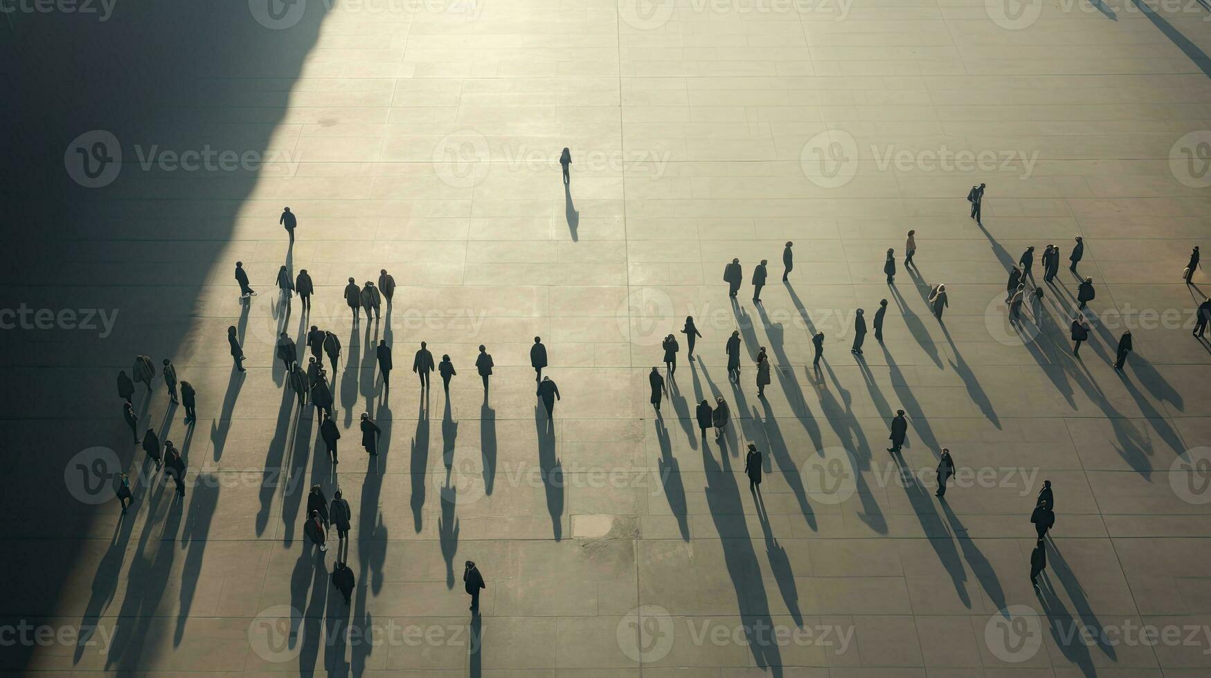 aéreo Visão do indivíduos marcha dentro uma espaçoso quadrado fez do concreto foto