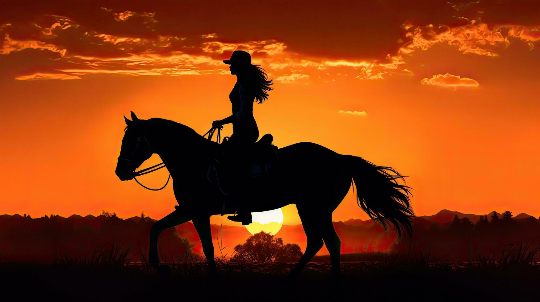 recortado Esportes menina em a cavalo dentro campo contra uma nascer do sol fundo foto