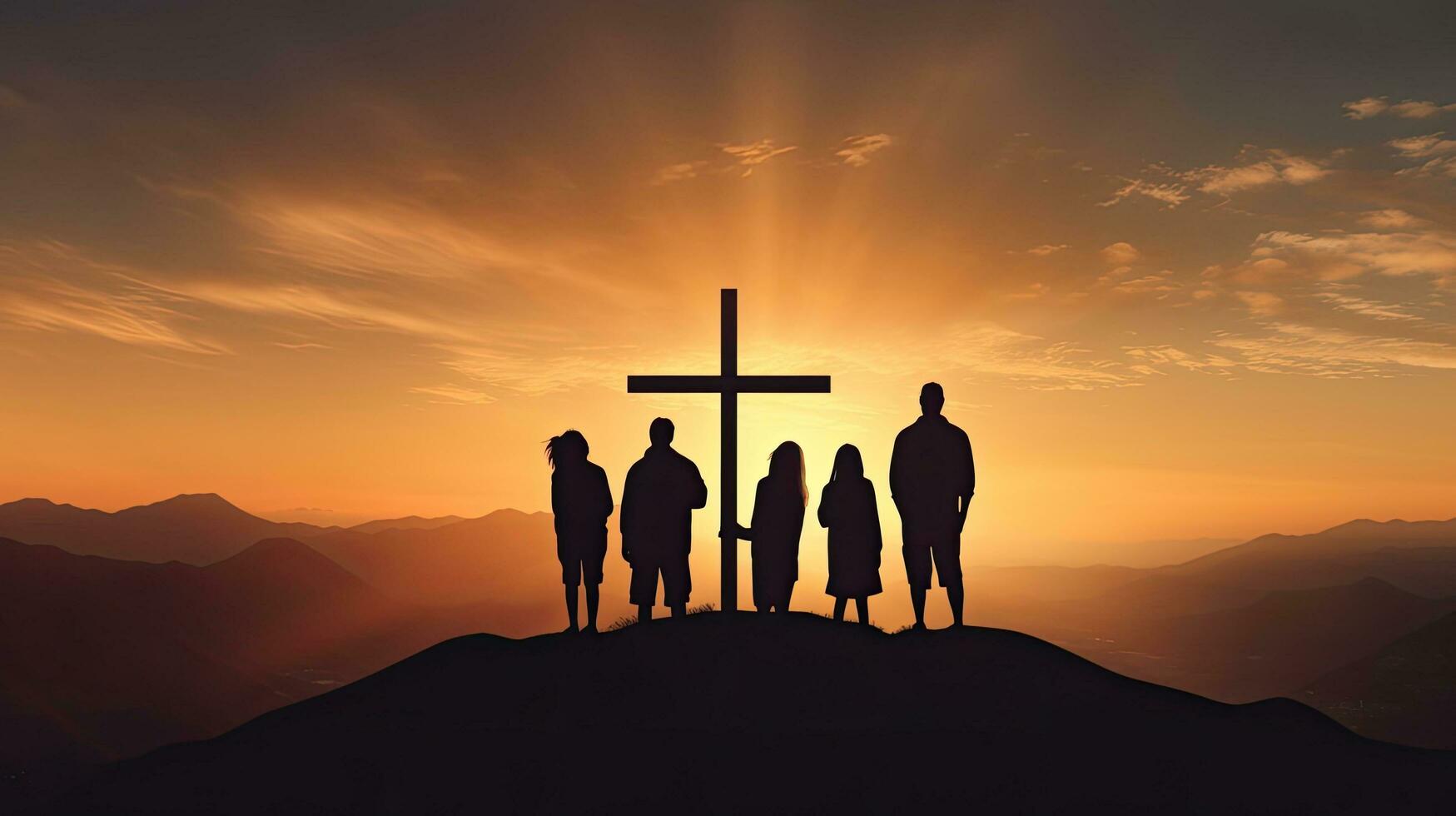 cristão família segurando Cruz Rezar em montanha às pôr do sol Páscoa domingo conceito foto