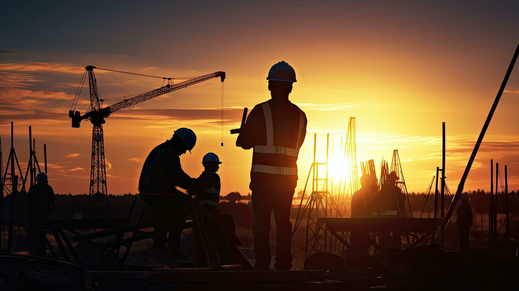 engenheiro instruindo construção tripulações para trabalhos em segurança em elevado terreno em meio a uma pitoresco pôr do sol foto