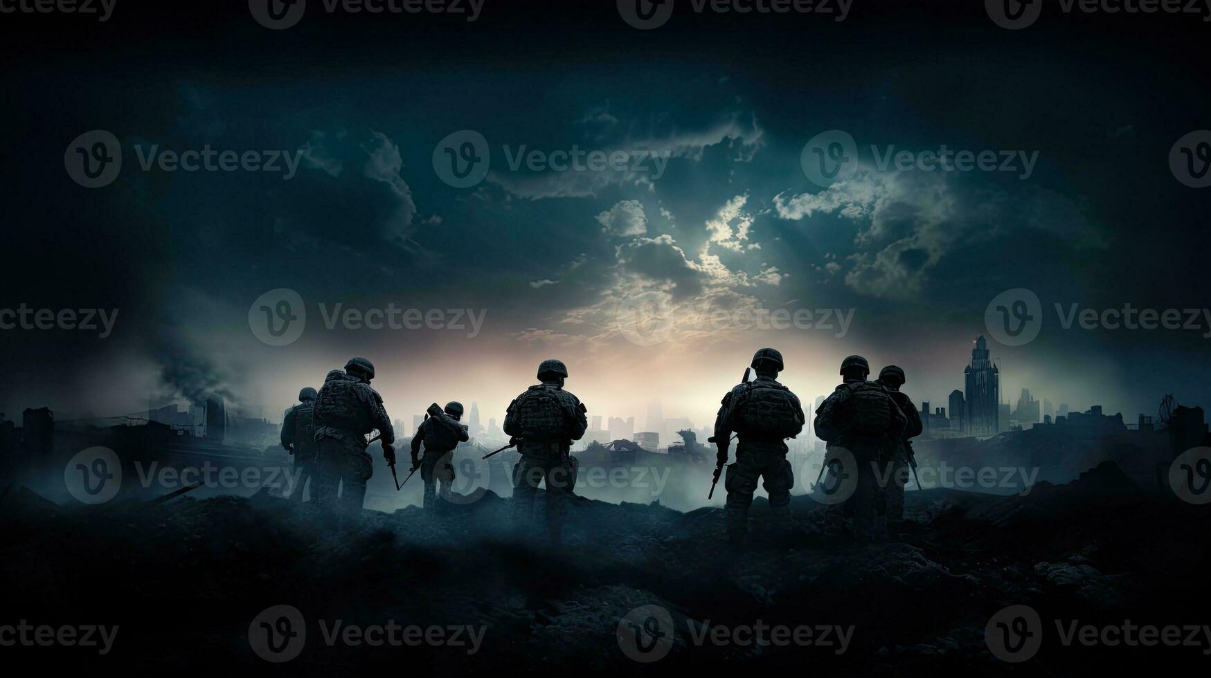 seletivo foco em arruinado cidade Horizonte às noite soldados silhuetas abaixo nebuloso guerra céu representando uma brigando cena dentro a conceito do guerra foto