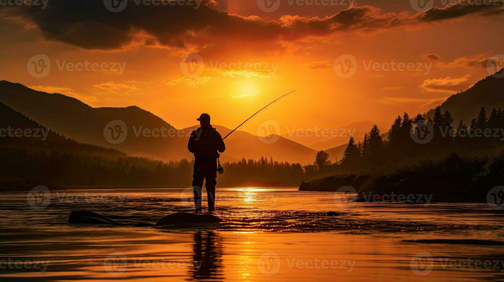 pescador s silhueta contra configuração Sol pano de fundo em rio às pôr do sol foto